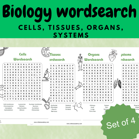 Biology cells, tissues, organs and systems word search pack