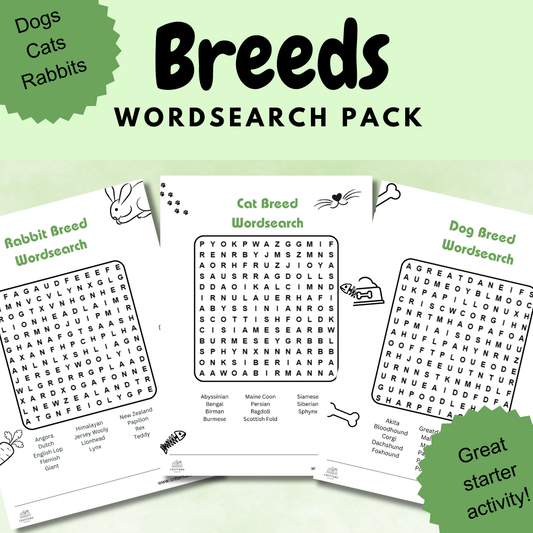 Animal breeds word search pack