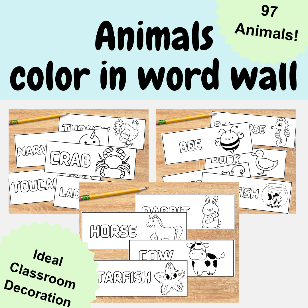 97 black and white animals word wall