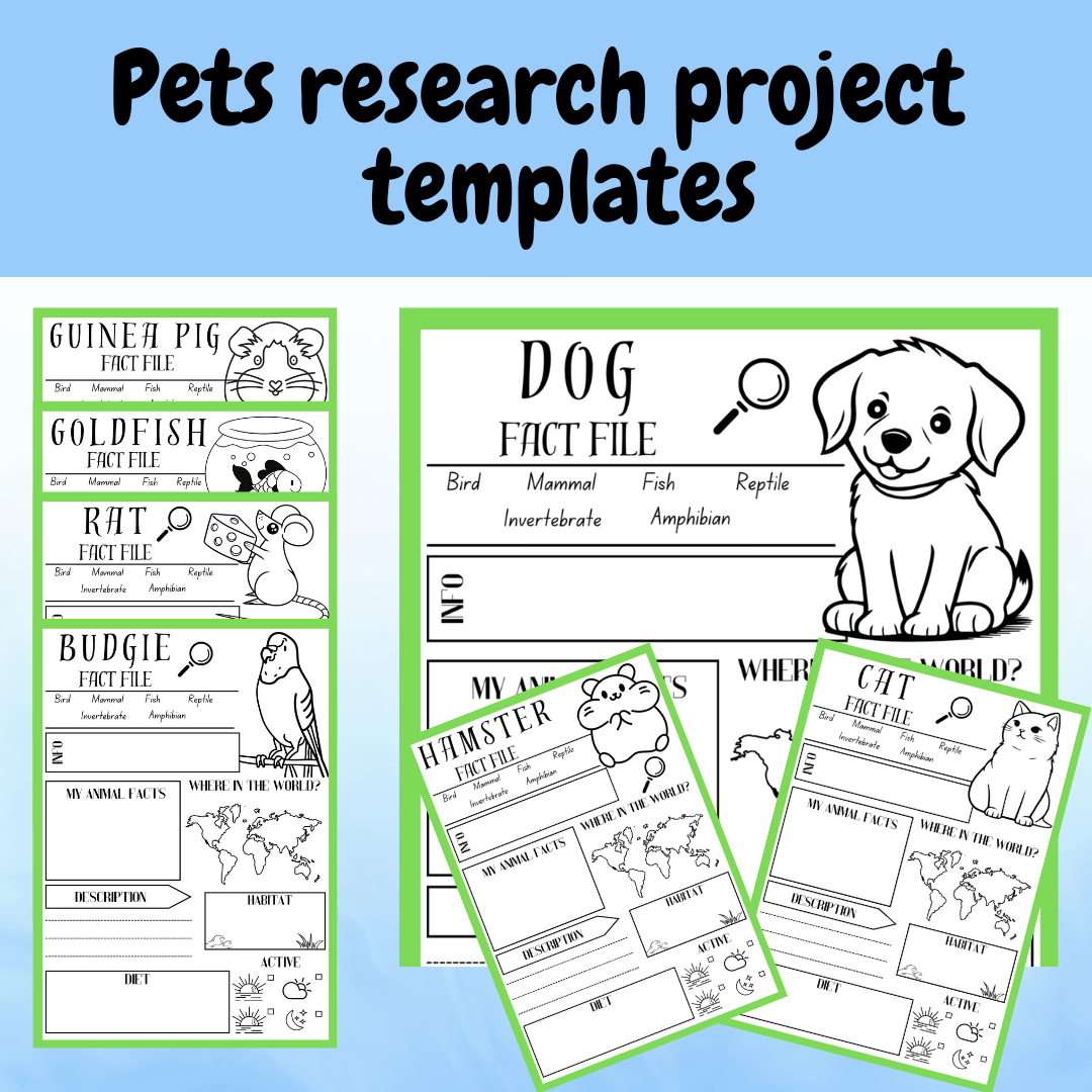 Pets animal research project poster template pack