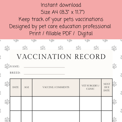 Pet vaccination record template