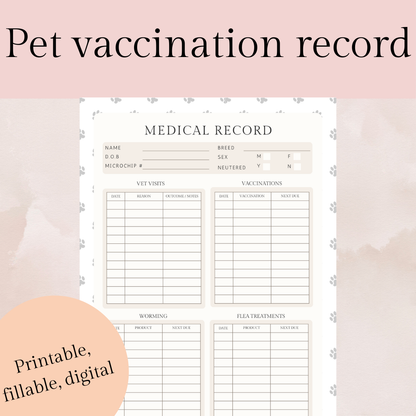 Pet vaccination record template